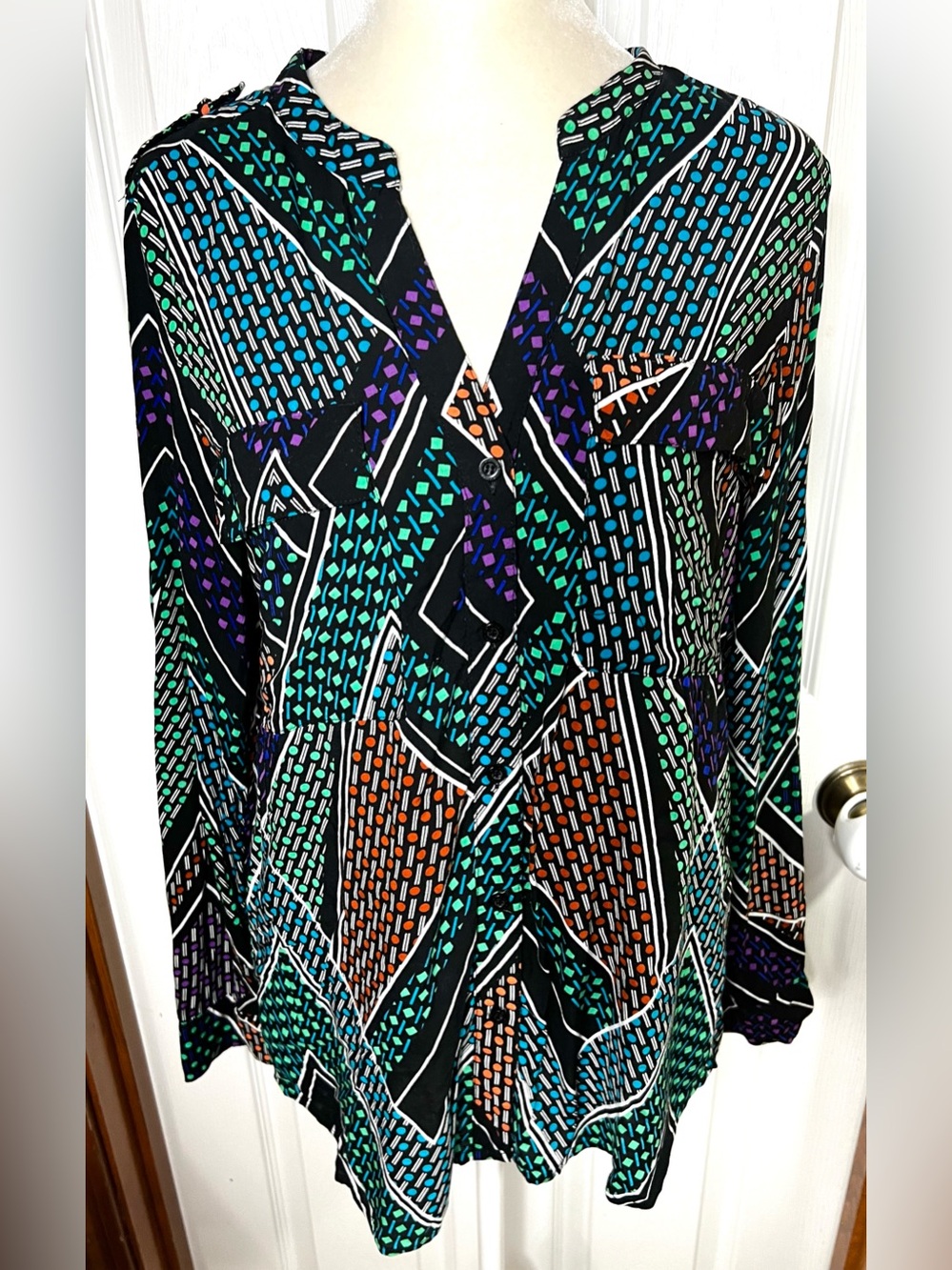 (NWOT) CK Calvin Klein Blouse Top Geometric Long Sleeve Lightweight Multicolor M